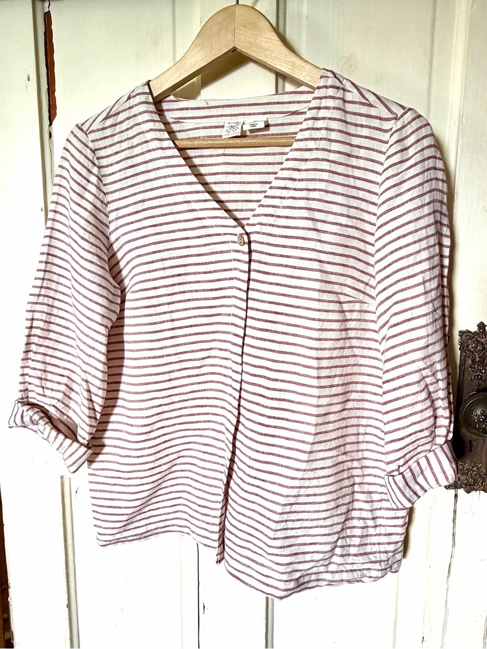 Artisan NY 100% Linen Striped Blouse | White & Burgundy | Small
